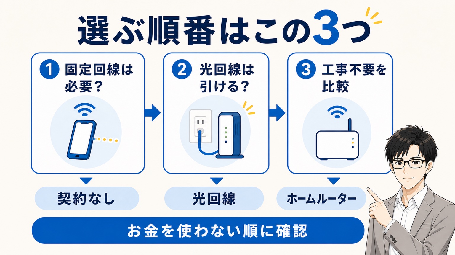 賃貸にインターネットがないときの選択肢は3つ(契約なし・光回線・ホームルーター)を順番に確認する全体図