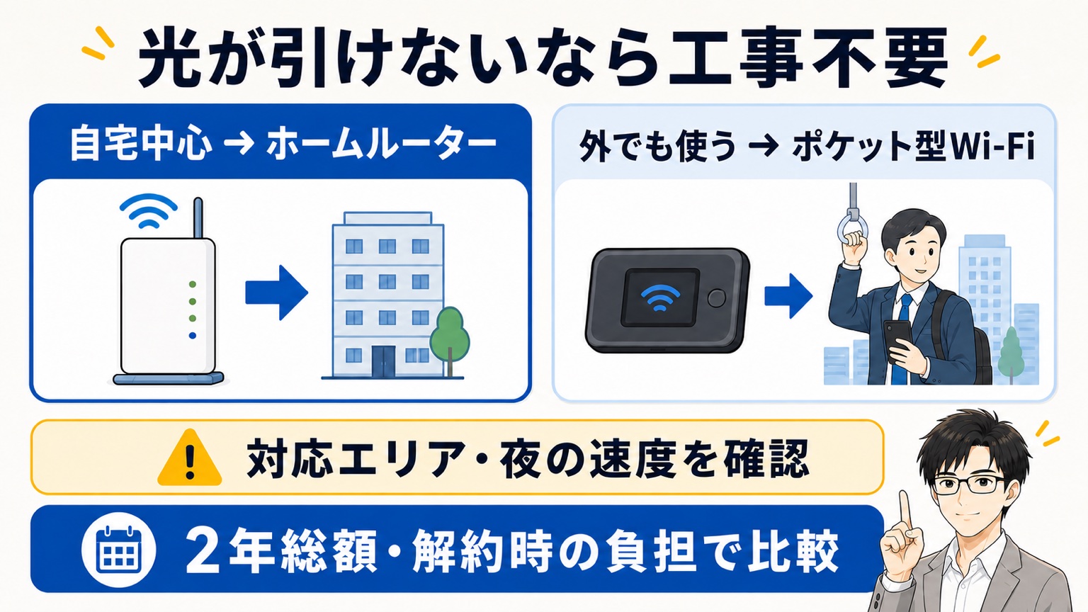 光が引けないなら工事不要の選択肢。自宅中心ならホームルーター、外でも使うならポケット型Wi-Fi。対応エリアと夜の速度を確認し、2年総額と解約時の負担で比較
