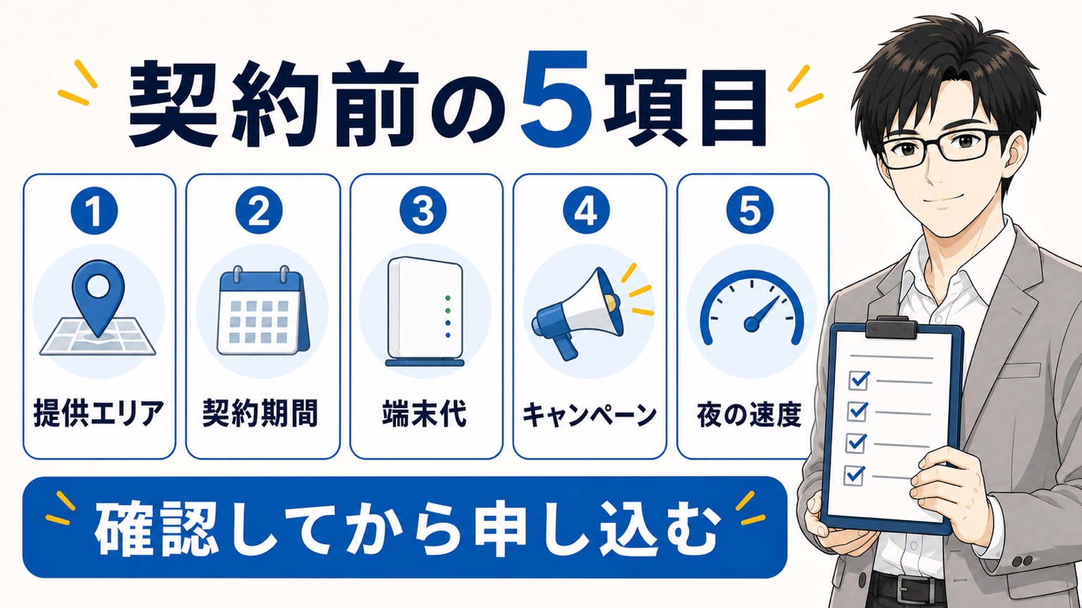 契約前の5項目(提供エリア・契約期間・端末代・キャンペーン・夜の速度)を確認してから申し込む
