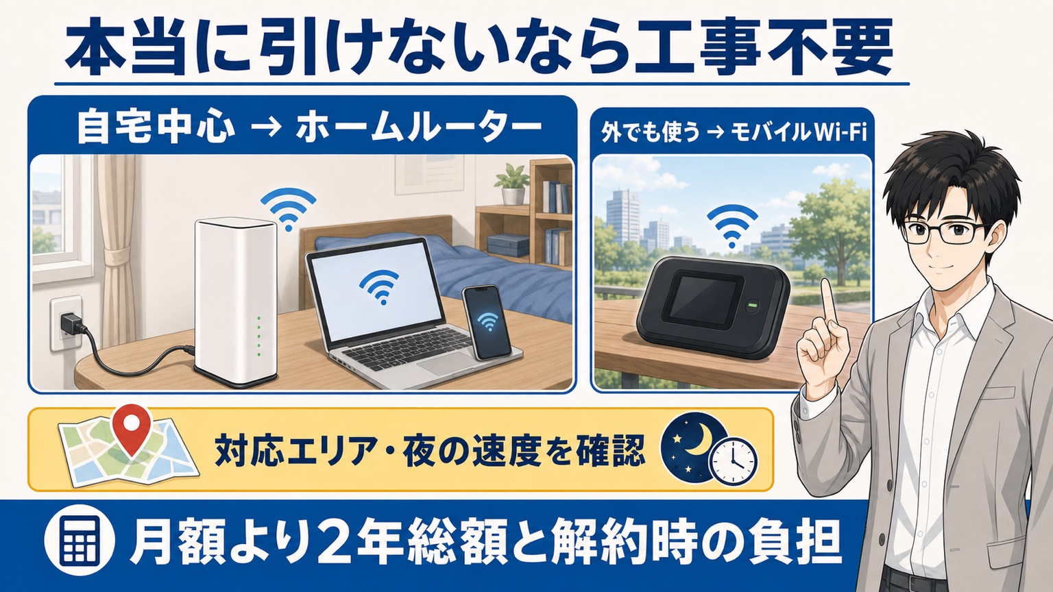 光回線が引けない場合の代わり|工事不要の選び方